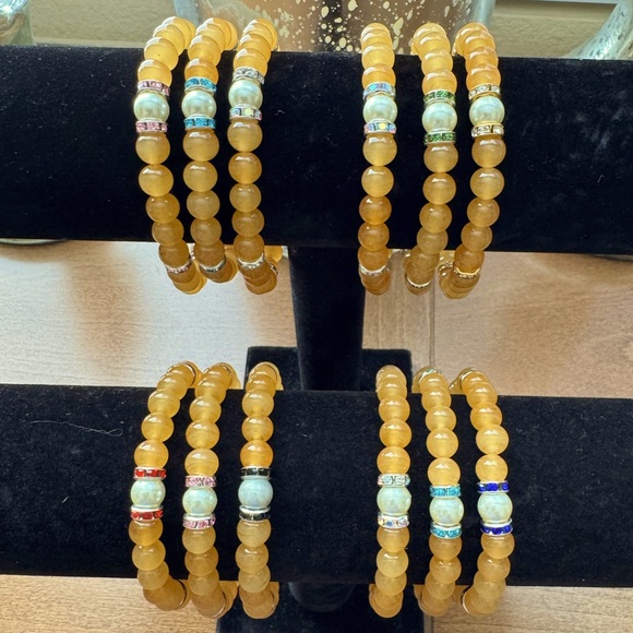 Golden Yellow Bead Bracelets with Simulated Pearl & Rhinestone Spacers - Picture 4 of 9